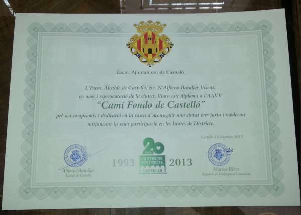 Av Cami Fondo de Castell�: Diploma conmemorativo